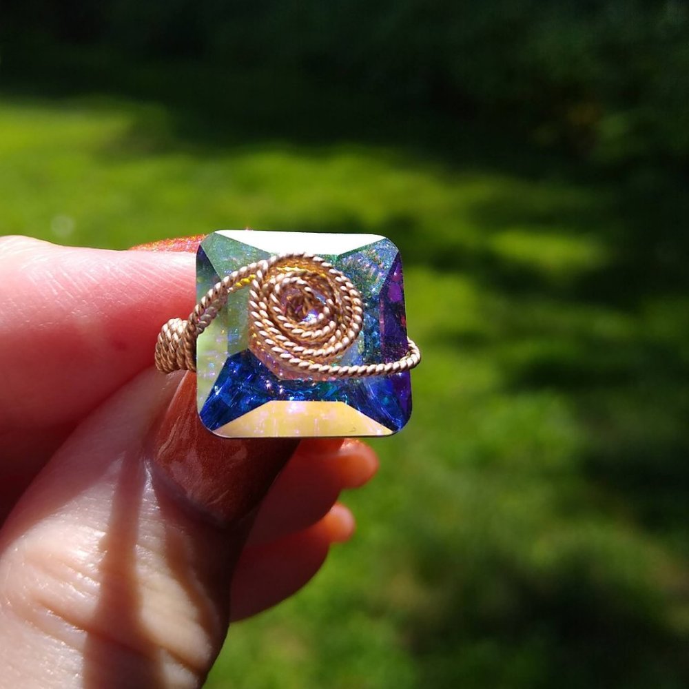 Gently Used Square Austrian Crystal AB Button Handmade Ring 14k Gold Filled Wire